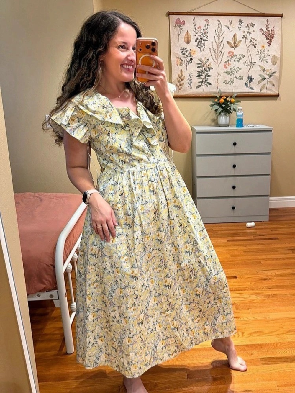 Tuckernuck o.p.t Floral Ruffle Midi Dress in Yellow & Blue Cotton Size Large NWT